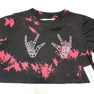 Avanova Women Skull Finger Graphic Distressed TShirt Ripped Short Sleeve- L